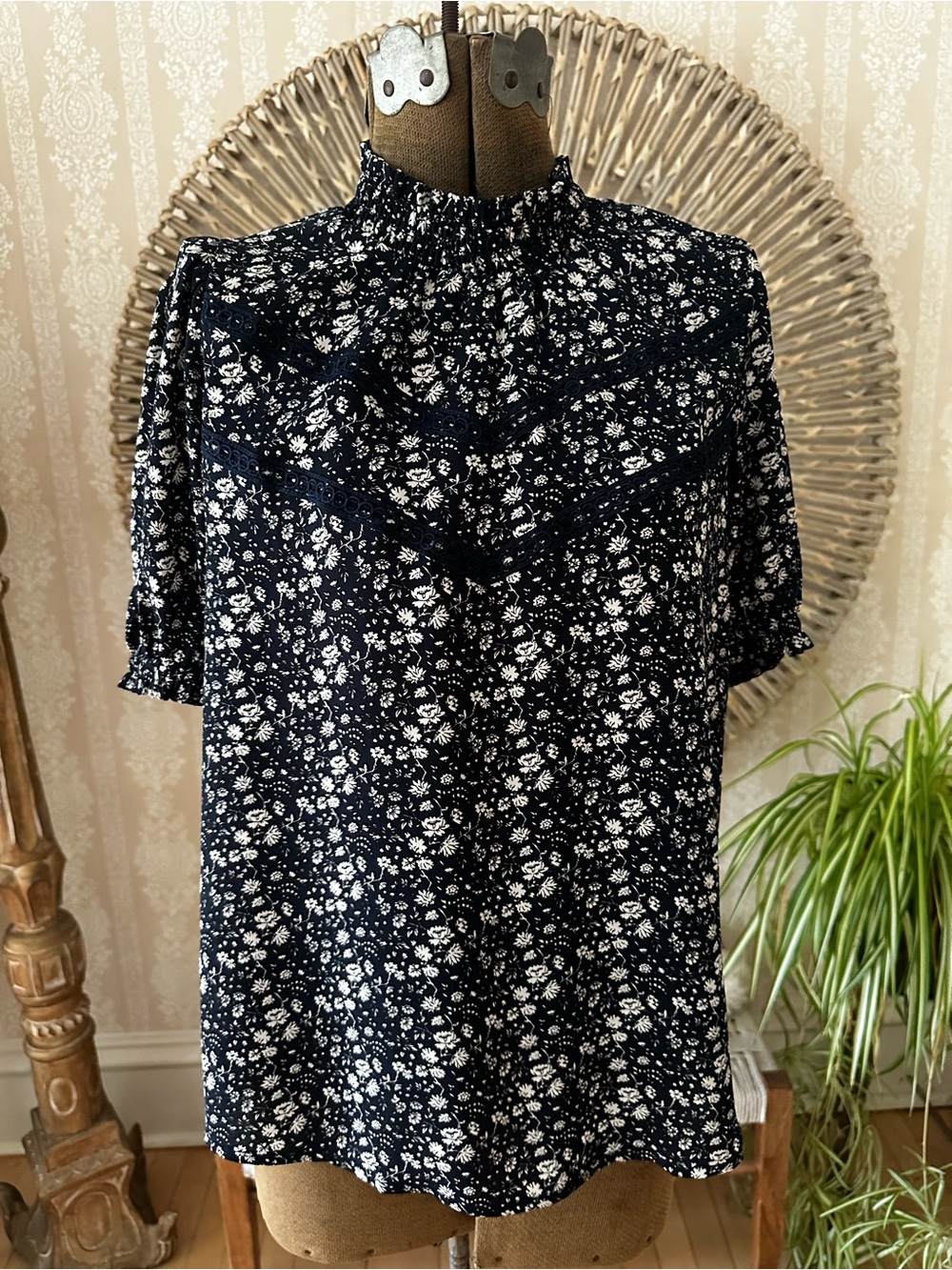 LOFT Navy and White Floral Smocked Neck Blouse